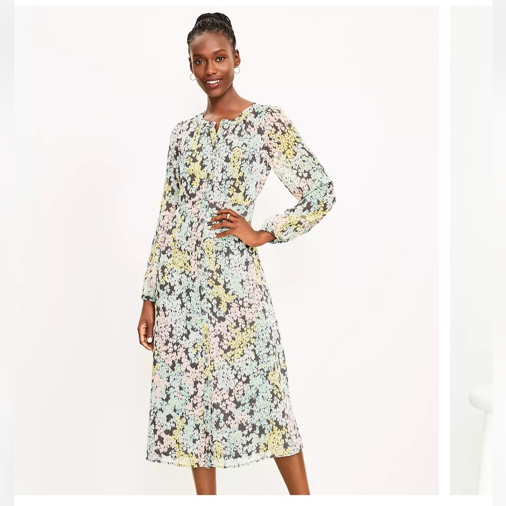 LOFT Pastel Floral Midi Dress - Black Base with Pink, Yellow, Mint